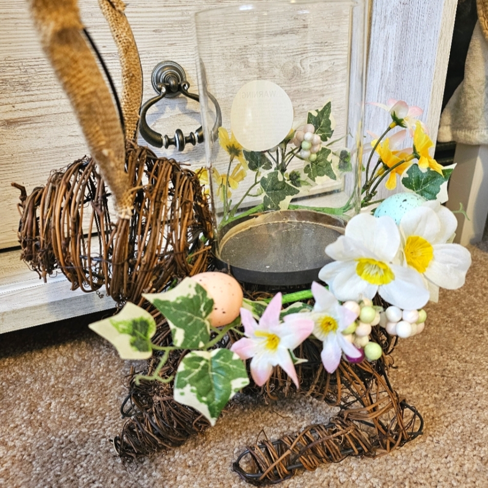 NEW! EASTER WHICKER RABBIT CANDLE HOLDER DECORATED WITH FLOWERS